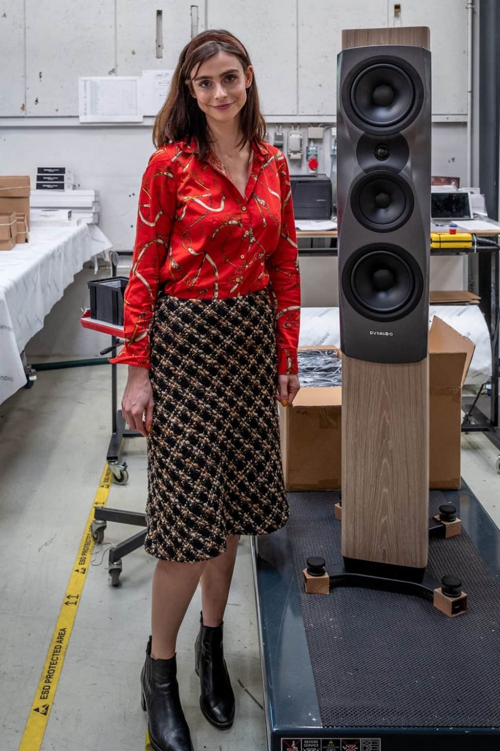 Ruby Feneley at Dynaudio factories, image Dan Cross Photography 