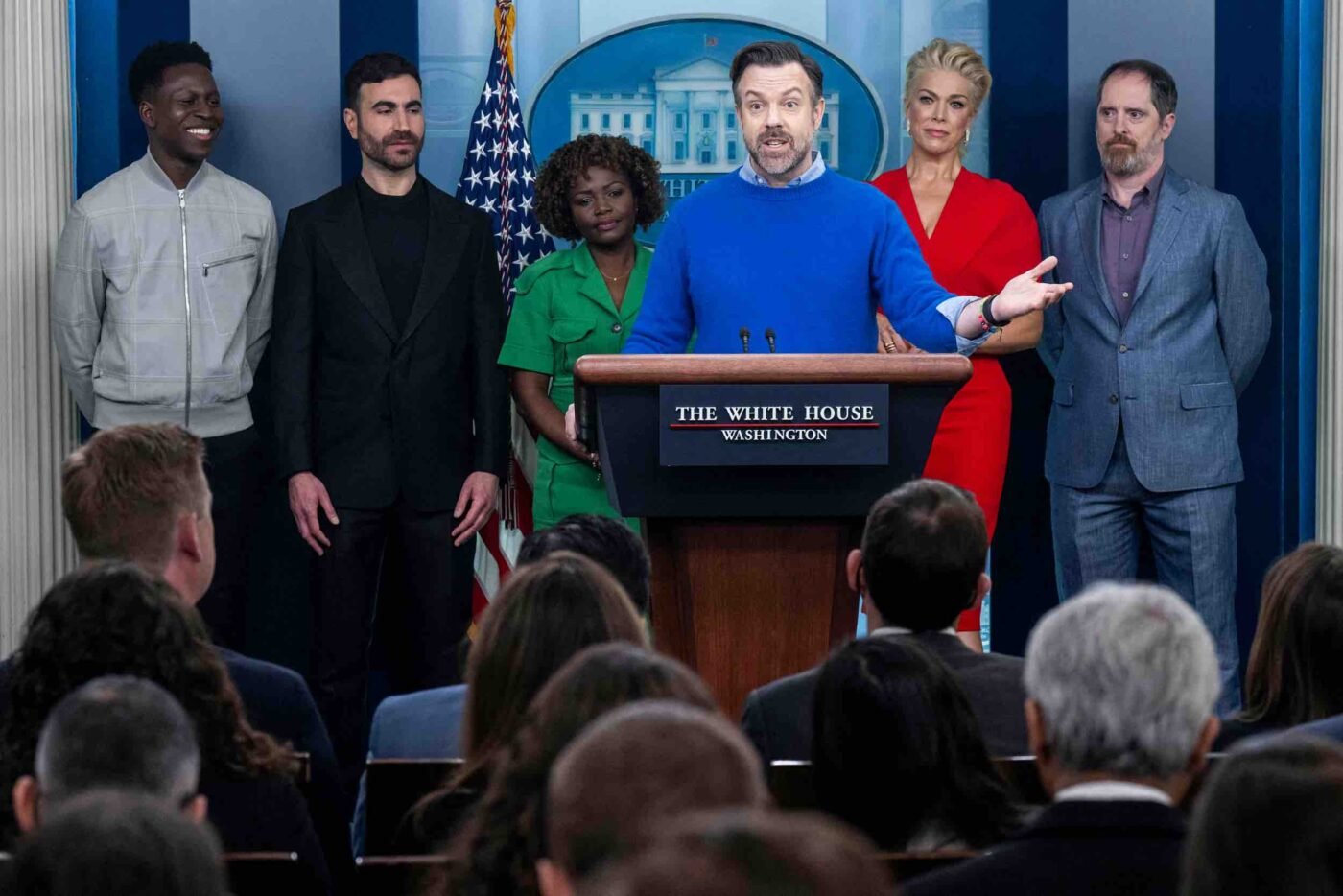 ted lasso English actor Toheeb Jimoh, British actor Brett Goldstein, White House Press Secretary Karine Jean-Pierre, English actress Hannah Waddingham, and US actor Brendan Hunt look on as US actor Jason Sudeikis speaks during the daily briefing in the James S Brady Press Briefing Room of the White House in Washington, DC, on March 20, 2023. - The cast of Ted Lasso is meeting with US President Joe Biden today to discuss the importance of addressing mental health to promote overall well-being. (Photo by SAUL LOEB / AFP) (Photo by SAUL LOEB/AFP via Getty Images)