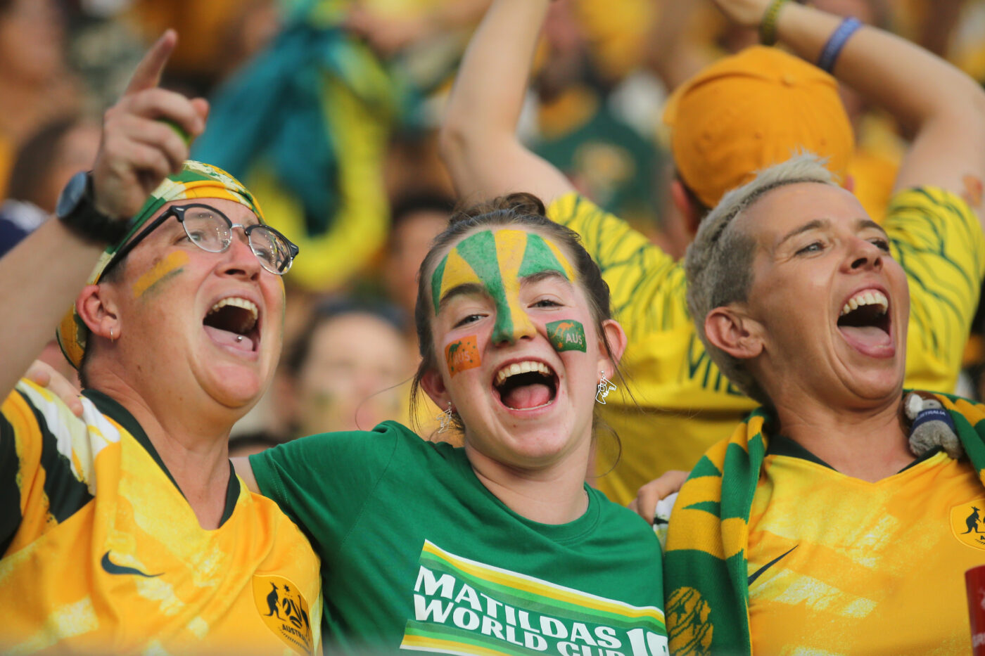 GRENOBLE, FRANCE - JUNE 18: Fans enjoy the pre match atmosphere prior to the 2019 FIFA Women's World Cup France group C match between Jamaica and Australia at Stade des Alpes on June 18, 2019 in Grenoble, France. (Photo by Johannes Simon - FIFA/FIFA via Getty Images)