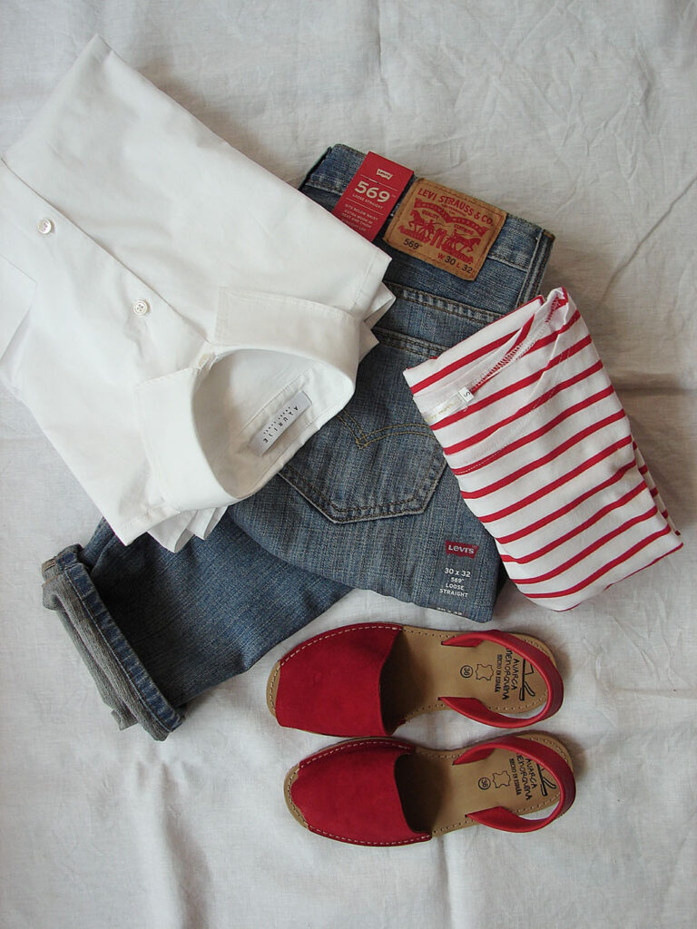 Casual women’s clothes, jeans and red shoes.