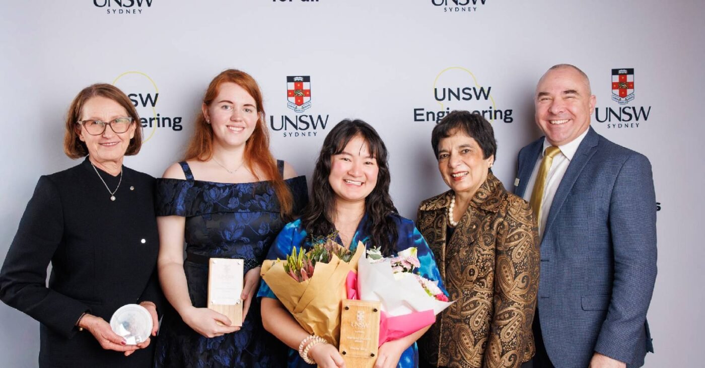 Dr Gunilla Burrowes (Ada Lovelace Medal winner), Sarah Muller & Hayley Jiang (Inspiring Student Award winners), Dr Marlene Kanga AO (keynote speaker), and Professor Julien Epps (Dean of UNSW Engineering) at the UNSW Women in Engineering Alumni Awards