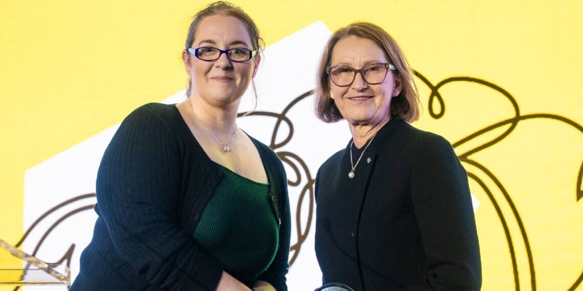 Dr Gunilla Burrowes (right) receives her Ada Lovelace Medal from 2025 winner Rebecca Cook