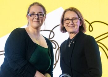 Dr Gunilla Burrowes (right) receives her Ada Lovelace Medal from 2025 winner Rebecca Cook